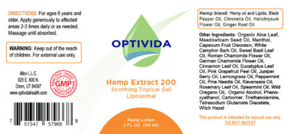 Optivida Hemp Extract 200 Topical Gel Label